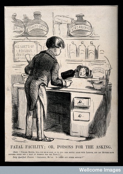 V0011589 An unscrupulous chemist selling a child arsenic and laudanum