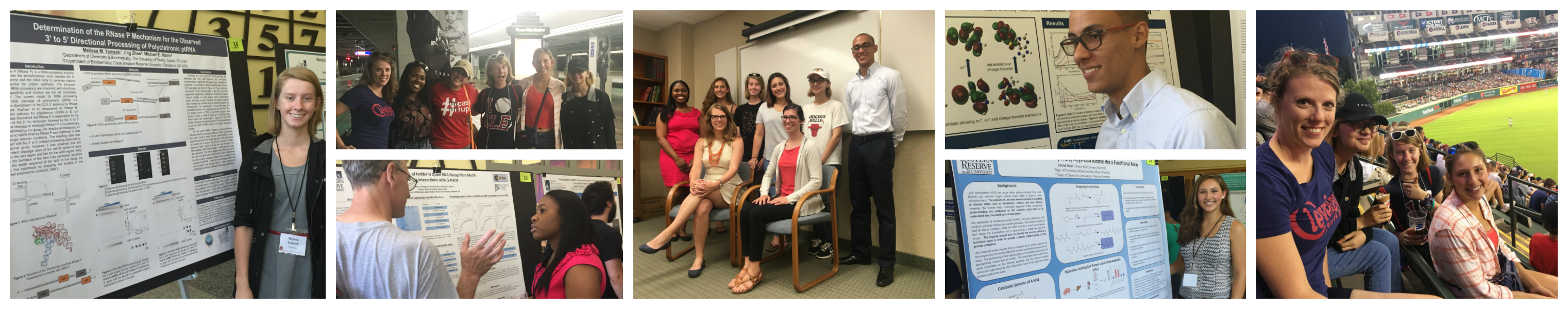 reu 2016 summer collage of partcipants, poster session, and indians baseball game